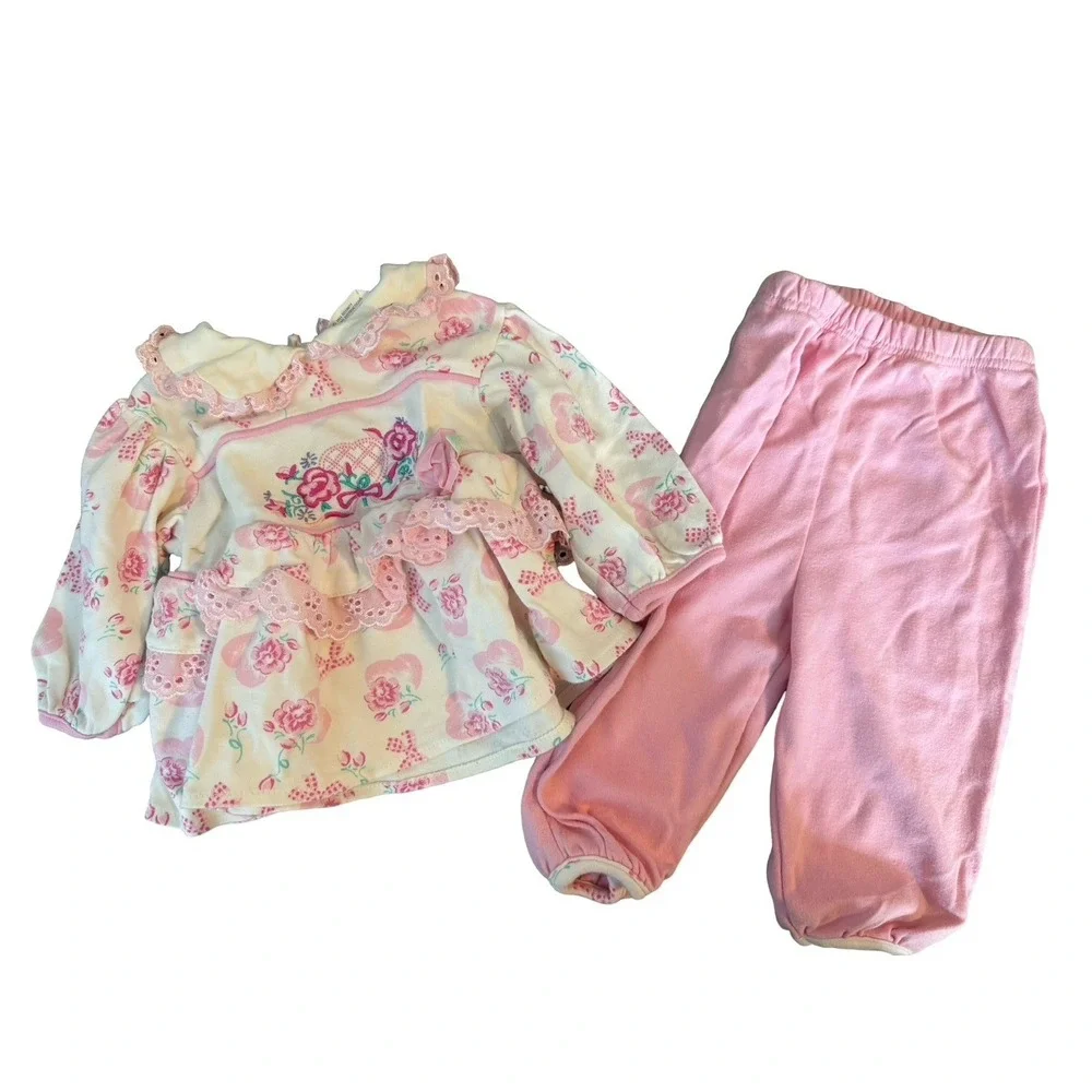 Vintage Vitamins‎ baby girl 6-9 months pink rose embroidered floral outfit 2pc